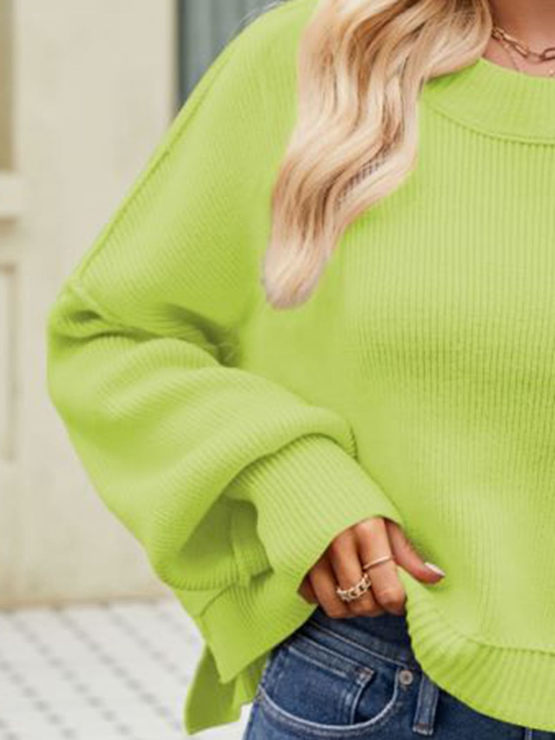 Exposed Seams Round Neck Dropped Shoulder Sweater BLUE ZONE PLANET