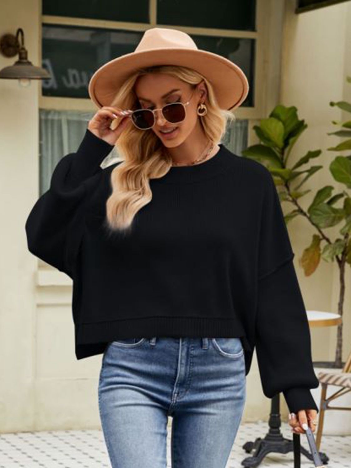 Exposed Seams Round Neck Dropped Shoulder Sweater BLUE ZONE PLANET