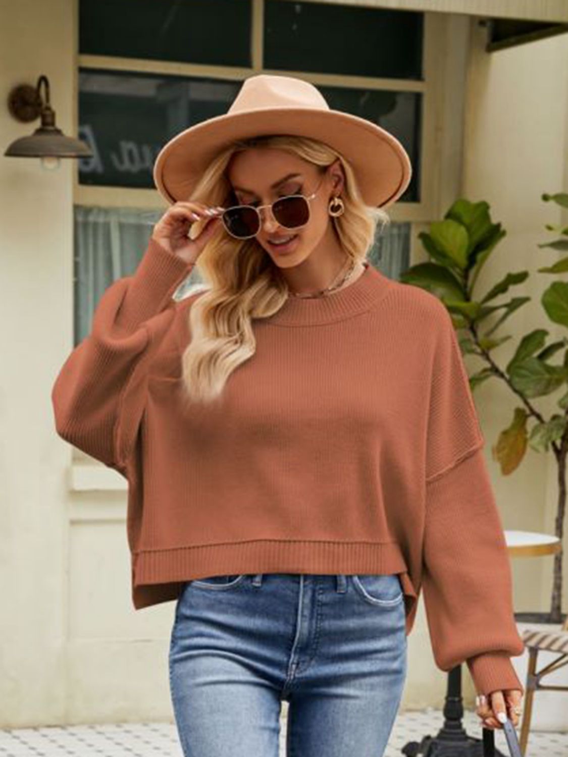 Exposed Seams Round Neck Dropped Shoulder Sweater BLUE ZONE PLANET
