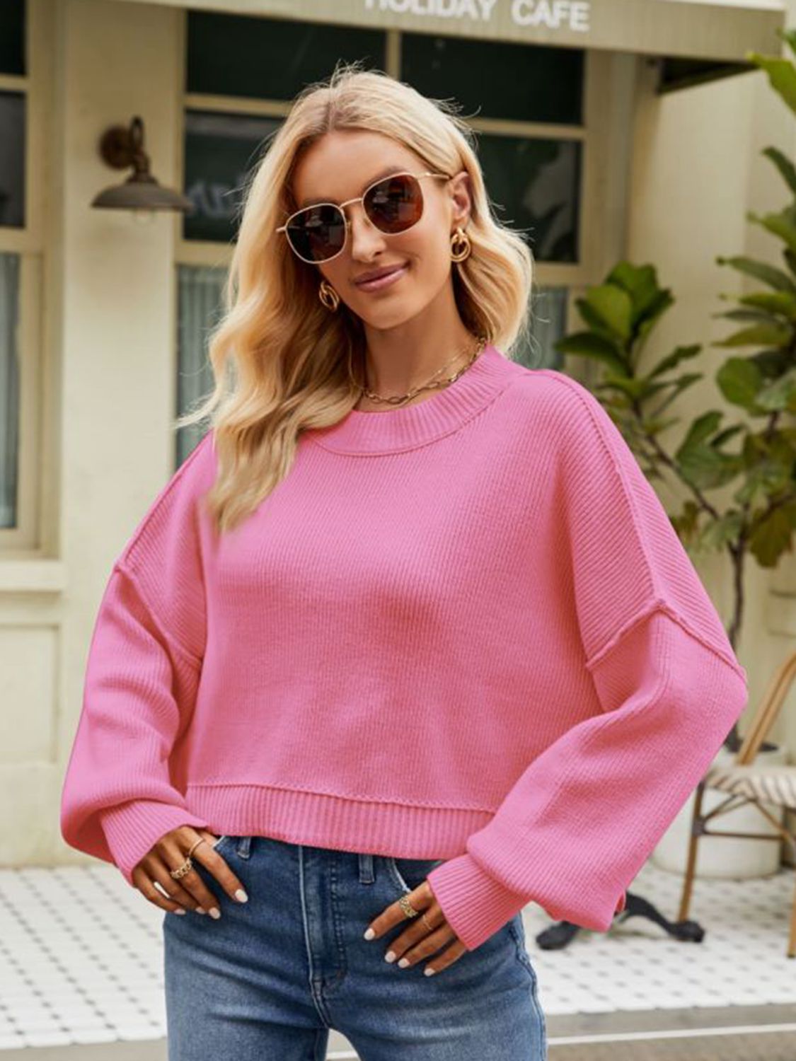 Exposed Seams Round Neck Dropped Shoulder Sweater BLUE ZONE PLANET
