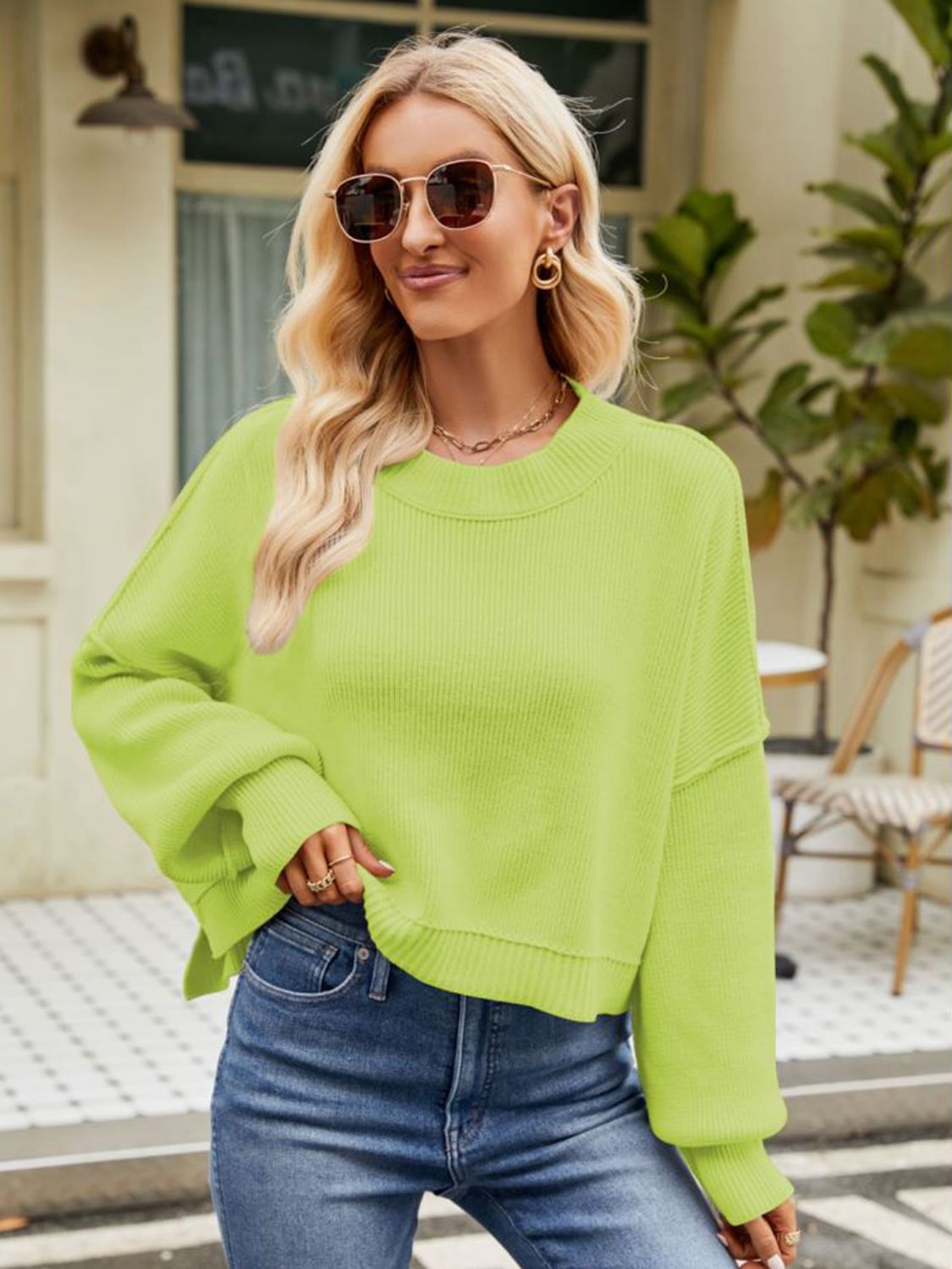 Exposed Seams Round Neck Dropped Shoulder Sweater BLUE ZONE PLANET