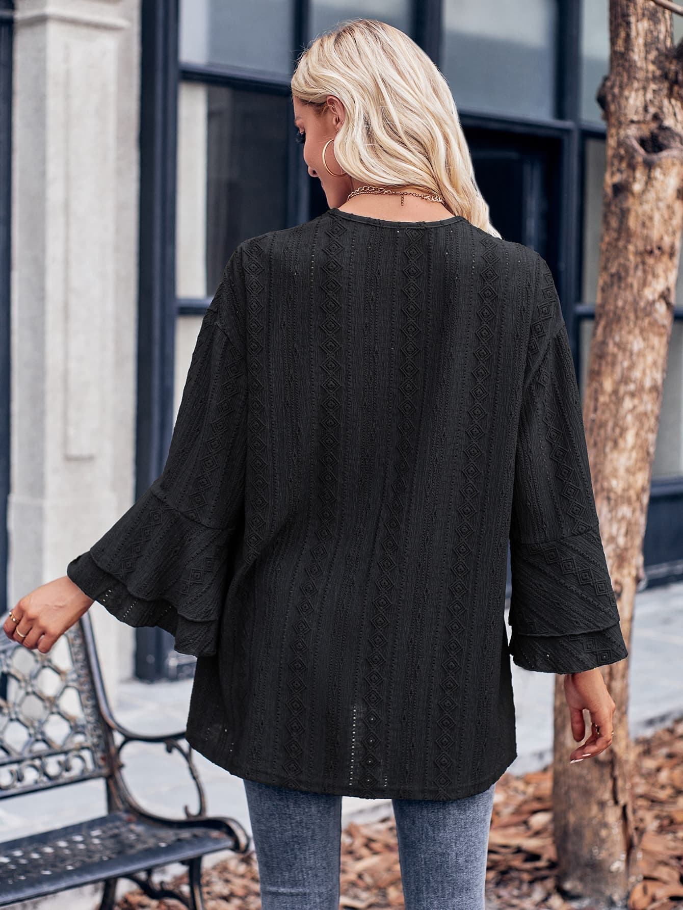Eyelet Bell Sleeve Cardigan BLUE ZONE PLANET