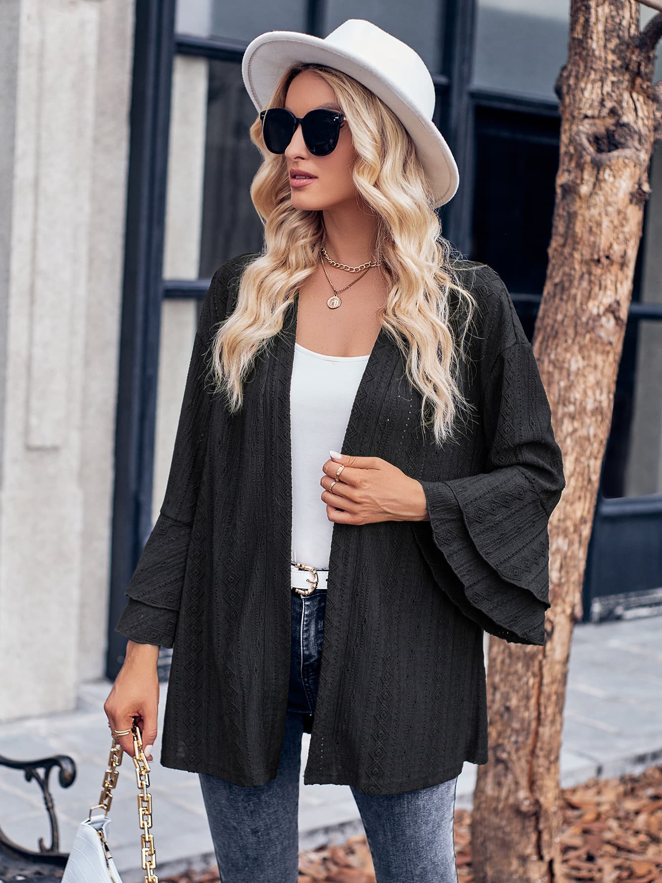 Eyelet Bell Sleeve Cardigan BLUE ZONE PLANET