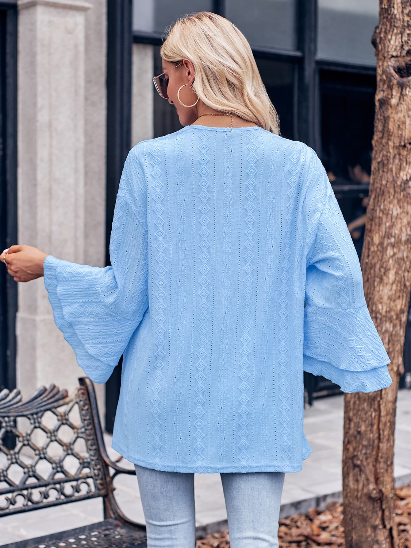Eyelet Bell Sleeve Cardigan BLUE ZONE PLANET