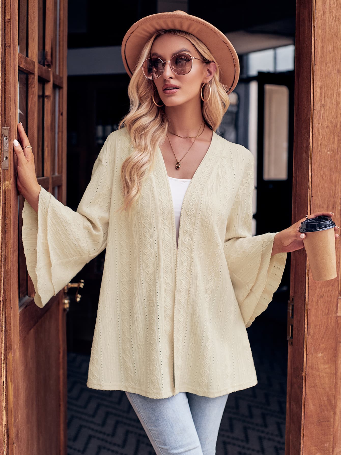 Eyelet Bell Sleeve Cardigan BLUE ZONE PLANET