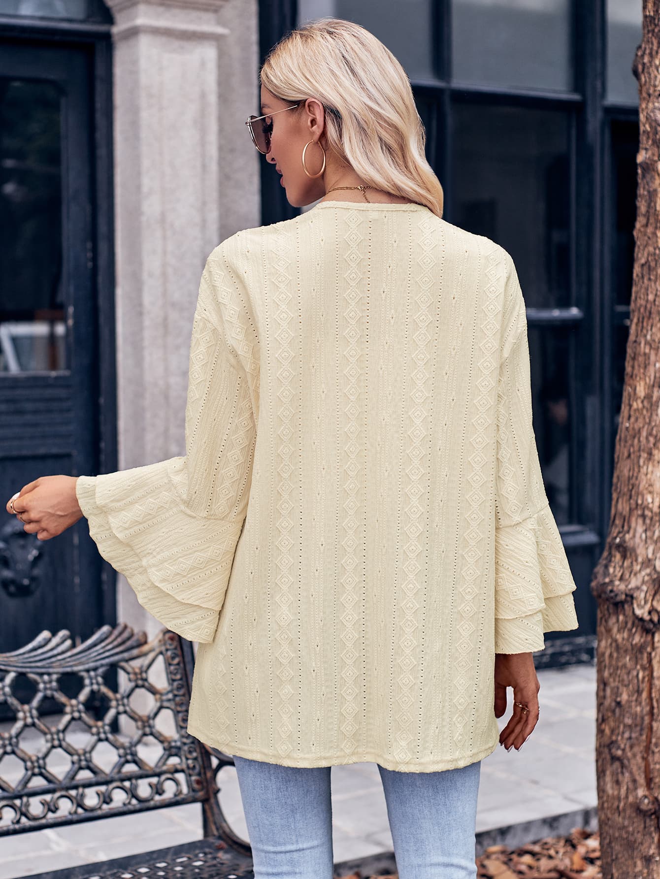 Eyelet Bell Sleeve Cardigan BLUE ZONE PLANET