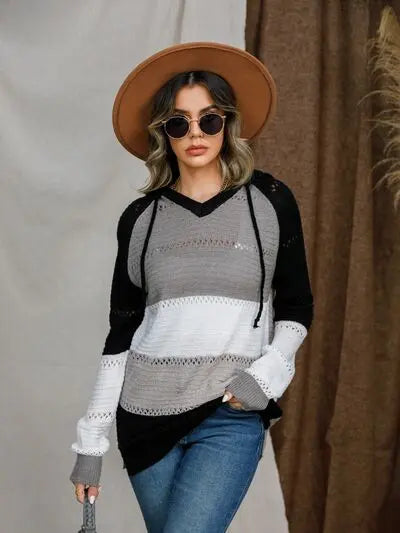 Eyelet Color Block Hooded Sweater BLUE ZONE PLANET