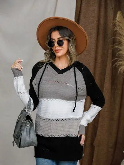 Eyelet Color Block Hooded Sweater BLUE ZONE PLANET