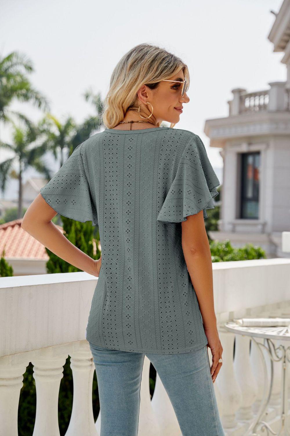Eyelet Flutter Sleeve Round Neck Top BLUE ZONE PLANET