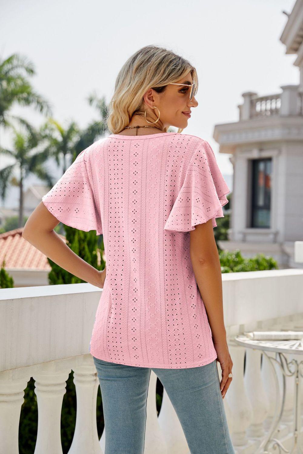 Eyelet Flutter Sleeve Round Neck Top BLUE ZONE PLANET