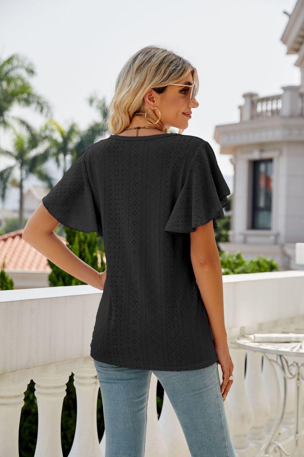 Eyelet Flutter Sleeve Round Neck Top BLUE ZONE PLANET