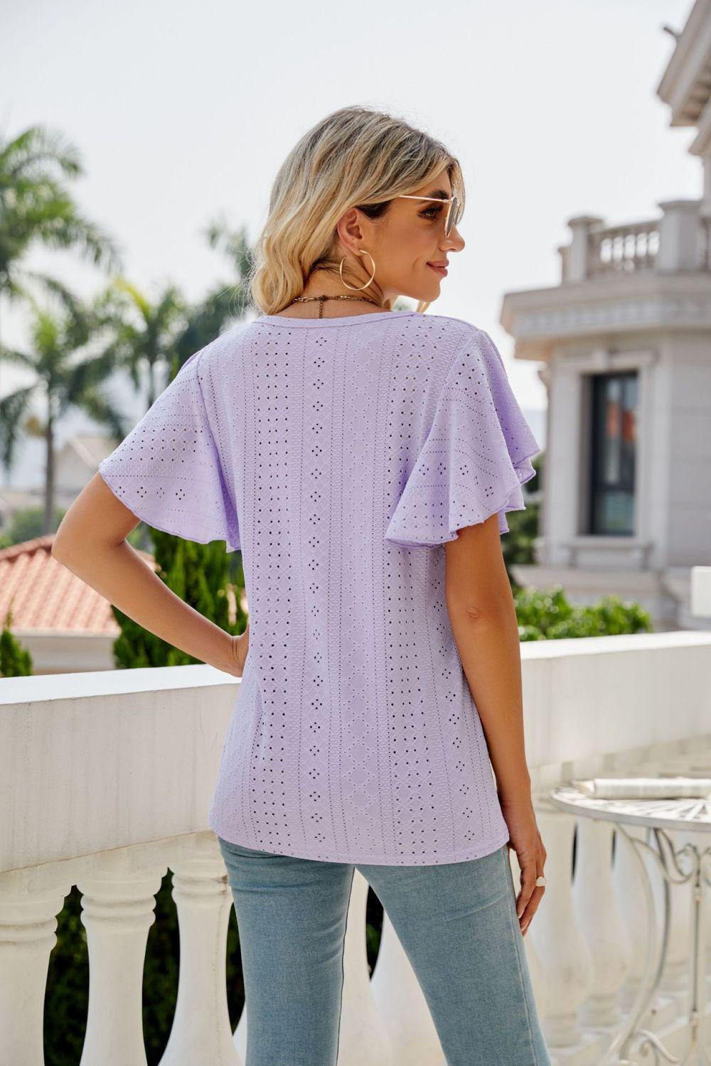 Eyelet Flutter Sleeve Round Neck Top BLUE ZONE PLANET