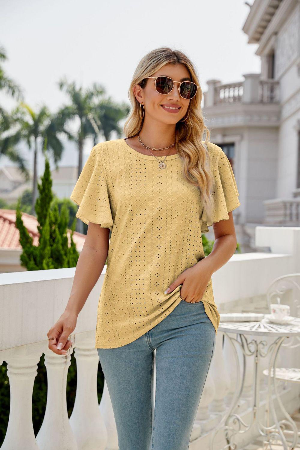 Eyelet Flutter Sleeve Round Neck Top BLUE ZONE PLANET