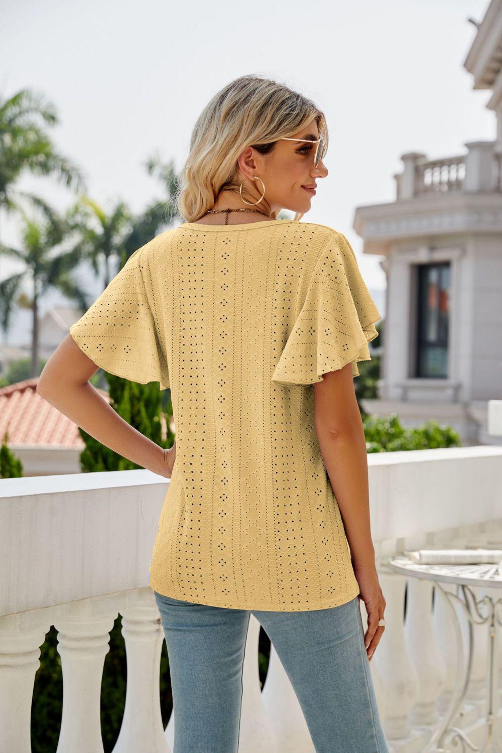 Eyelet Flutter Sleeve Round Neck Top BLUE ZONE PLANET