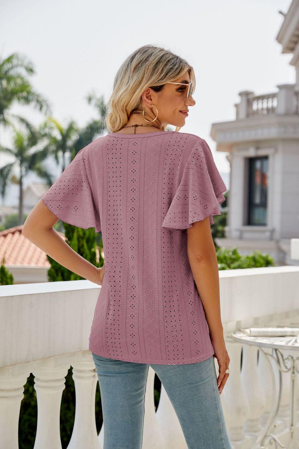 Eyelet Flutter Sleeve Round Neck Top BLUE ZONE PLANET