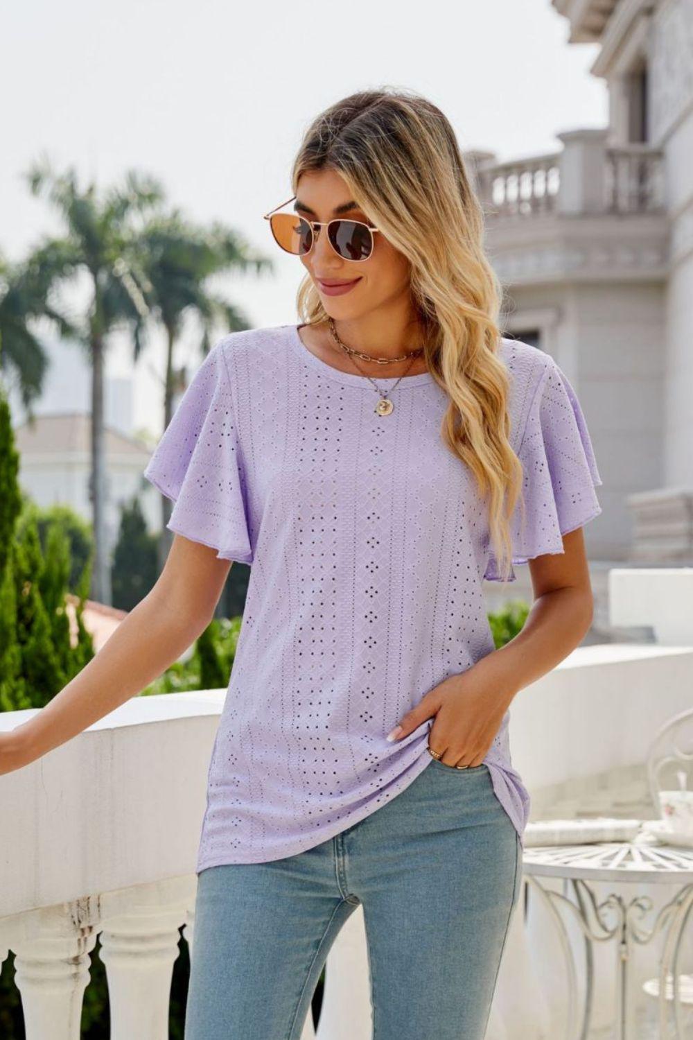 Eyelet Flutter Sleeve Round Neck Top BLUE ZONE PLANET