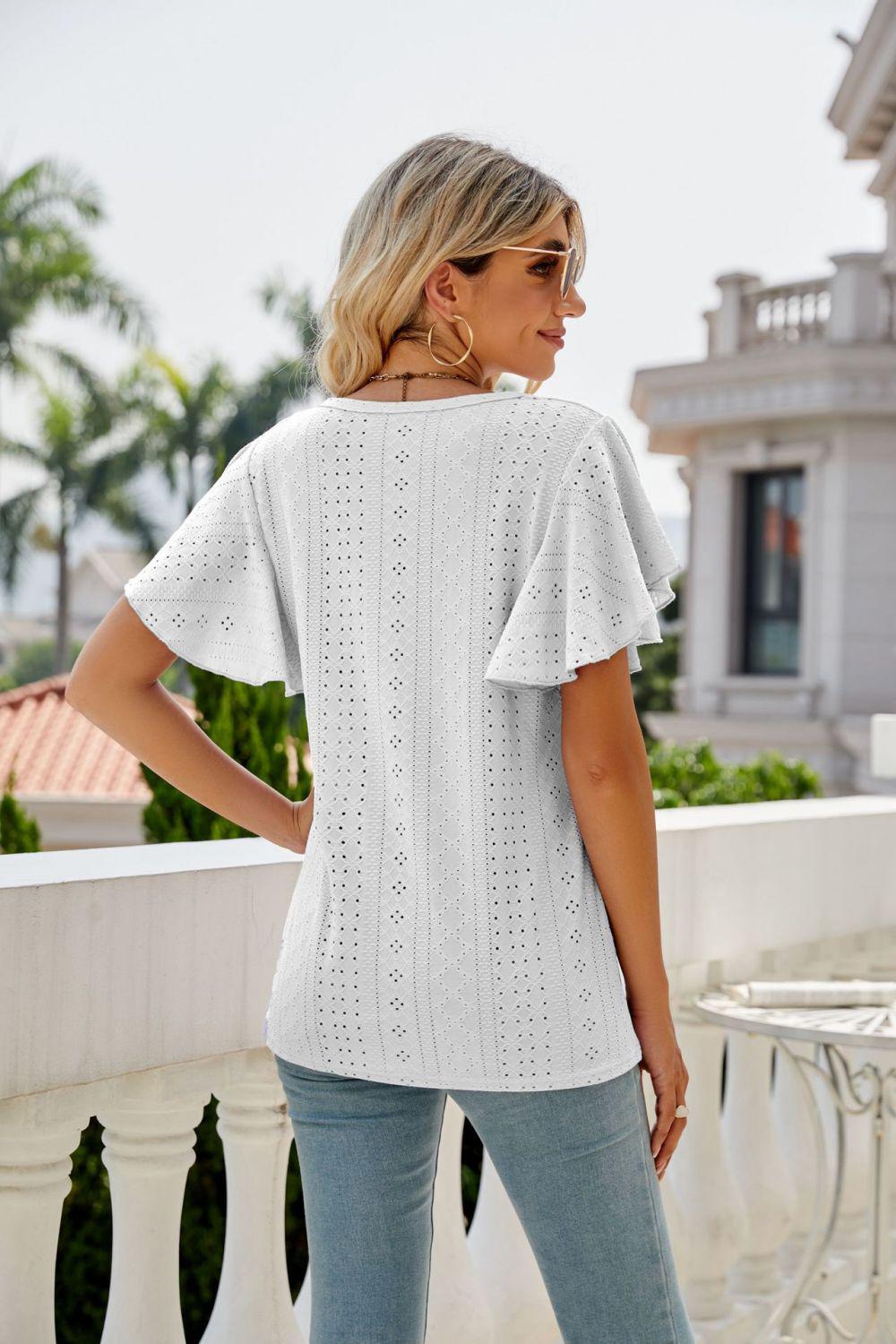 Eyelet Flutter Sleeve Round Neck Top BLUE ZONE PLANET