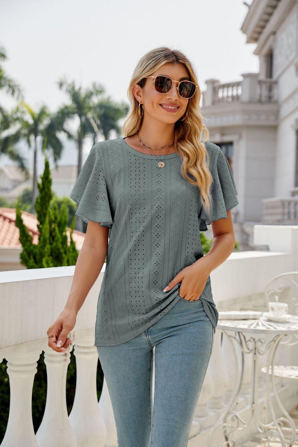 Eyelet Flutter Sleeve Round Neck Top BLUE ZONE PLANET