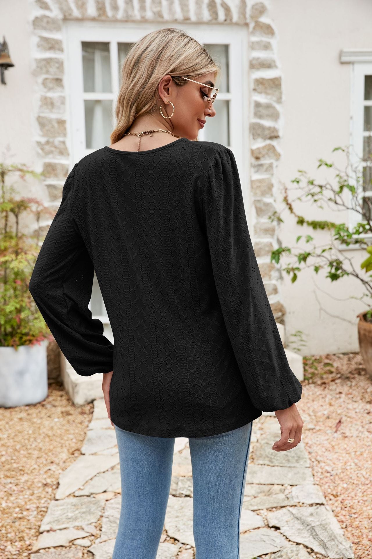 Eyelet Notched Neck Balloon Sleeve Blouse BLUE ZONE PLANET