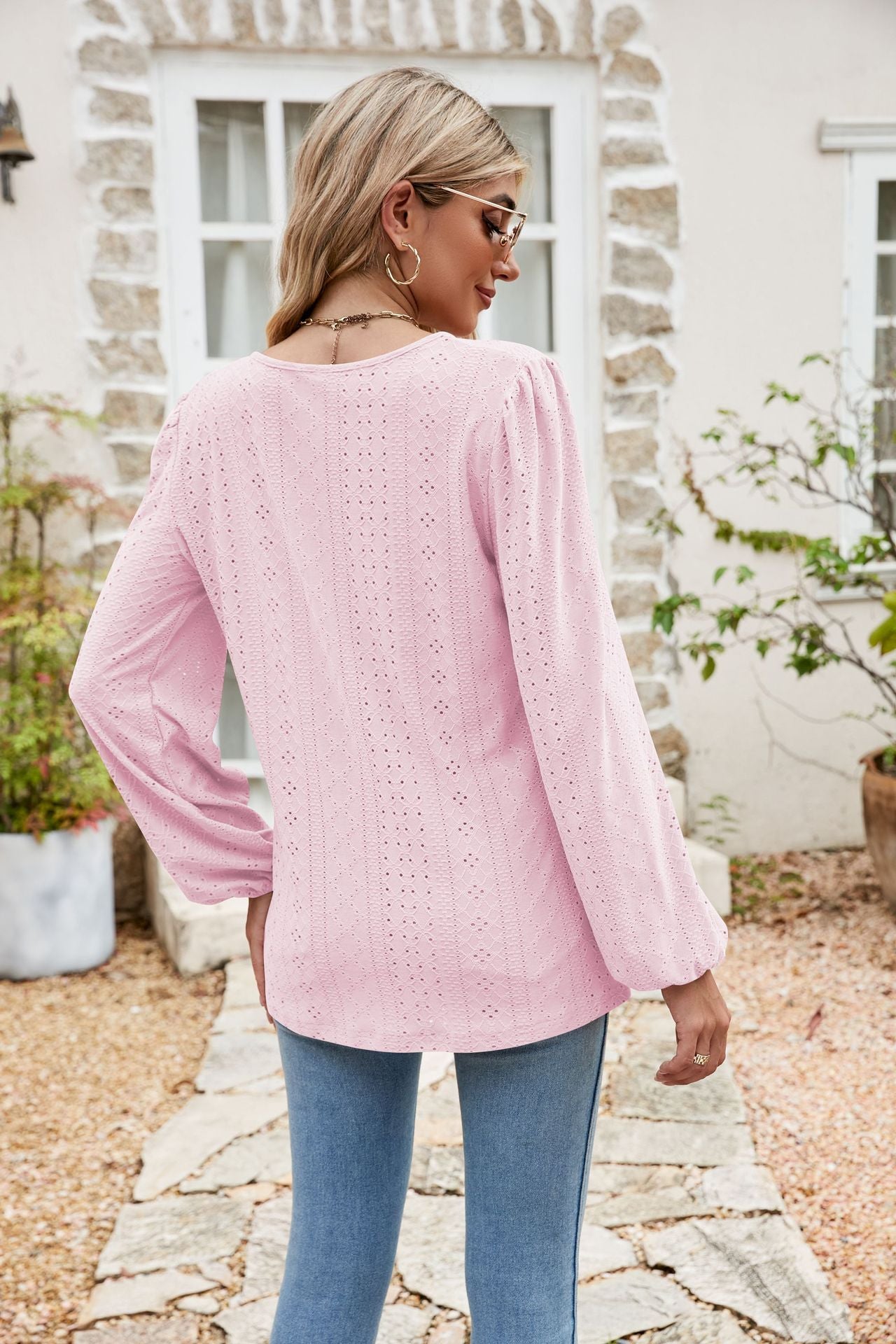 Eyelet Notched Neck Balloon Sleeve Blouse BLUE ZONE PLANET