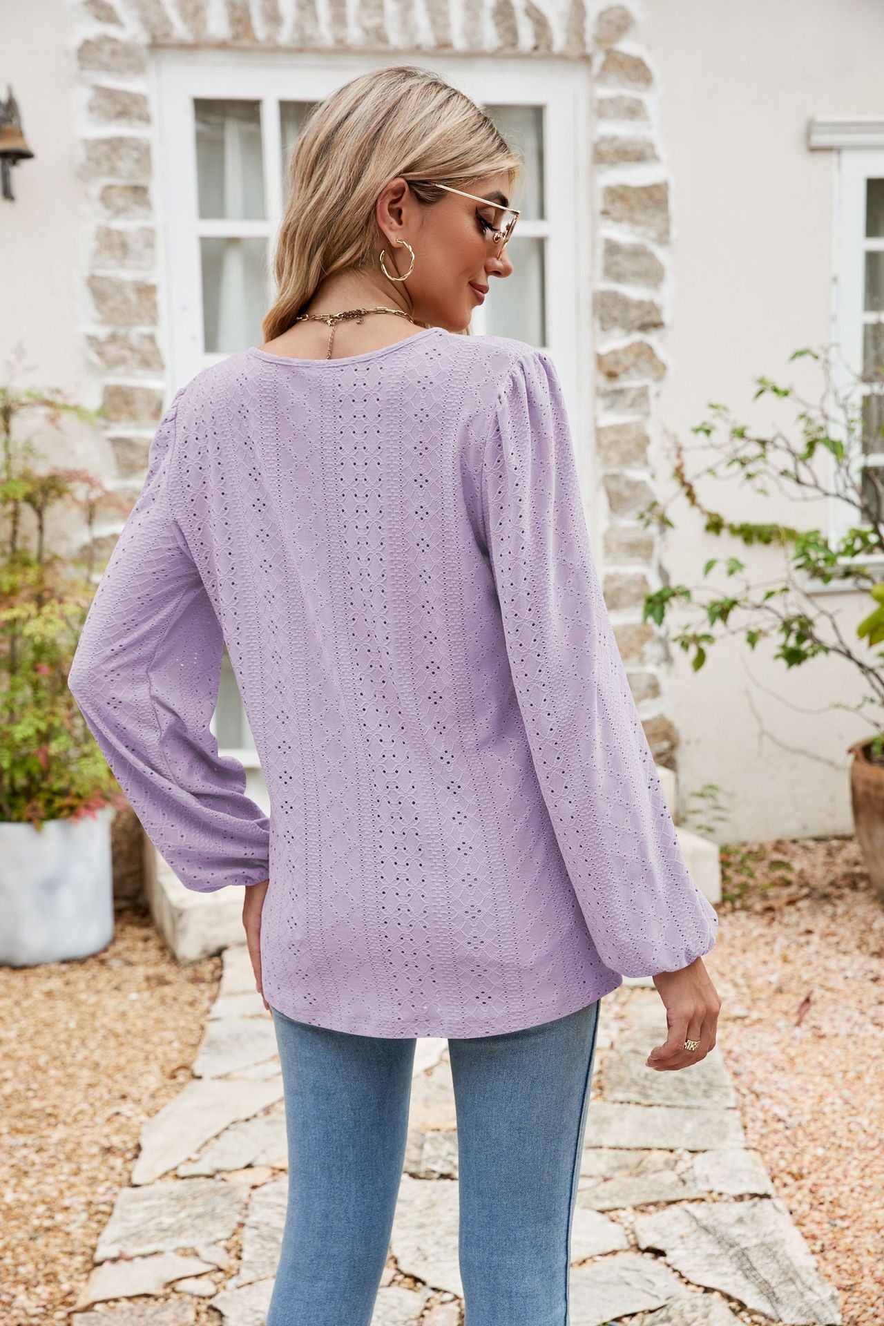 Eyelet Notched Neck Balloon Sleeve Blouse BLUE ZONE PLANET