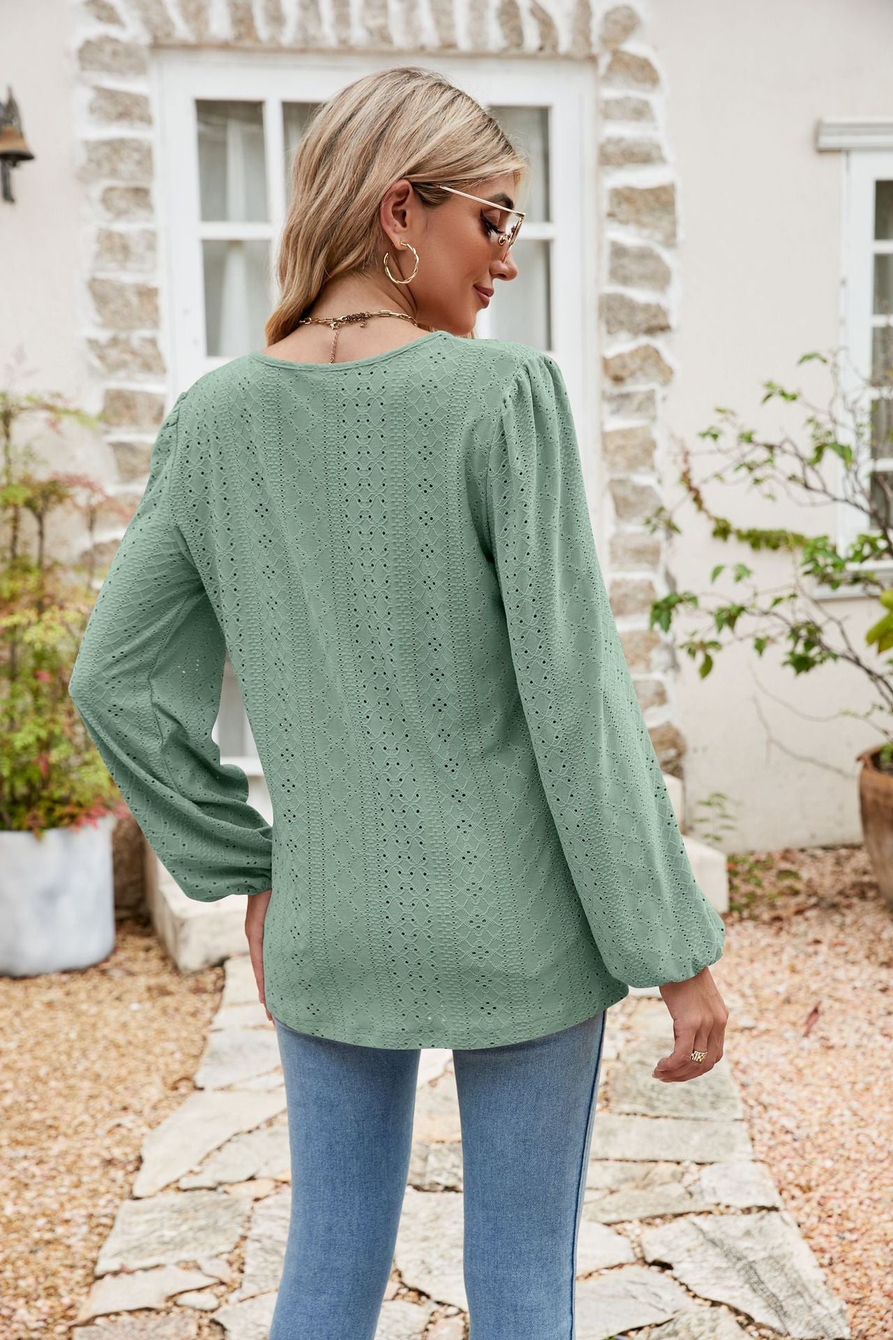 Eyelet Notched Neck Balloon Sleeve Blouse BLUE ZONE PLANET