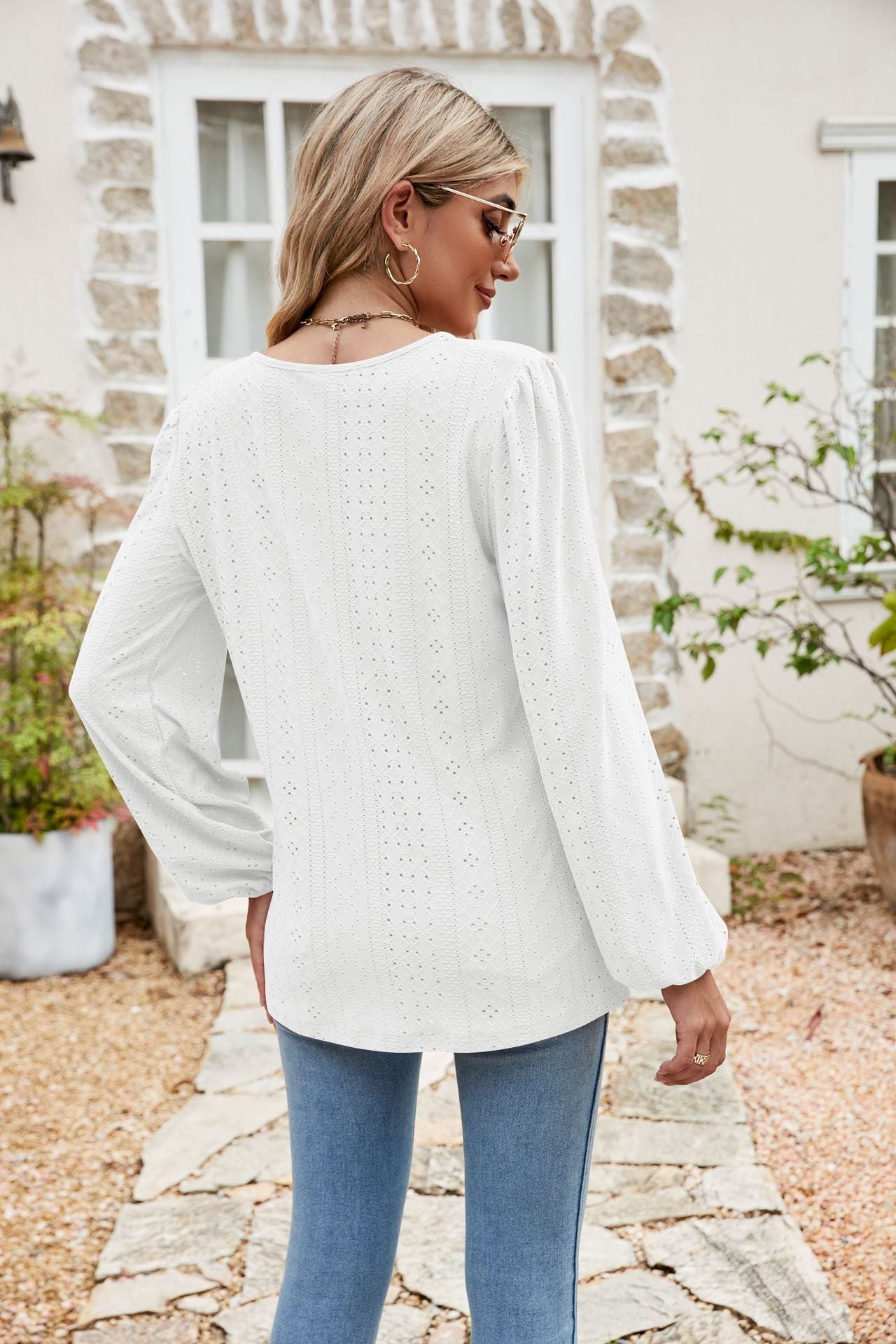 Eyelet Notched Neck Balloon Sleeve Blouse BLUE ZONE PLANET
