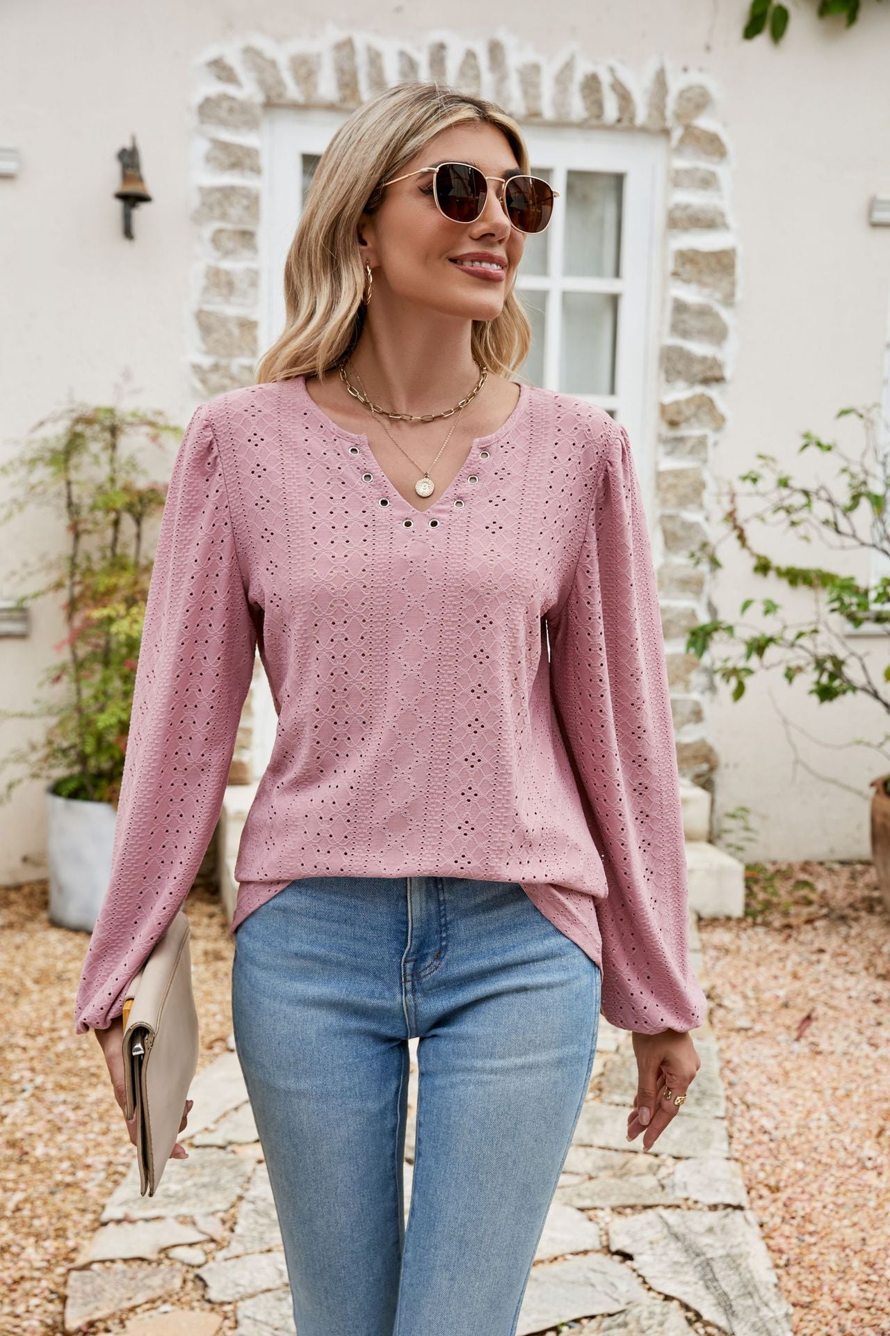 Eyelet Notched Neck Balloon Sleeve Blouse BLUE ZONE PLANET
