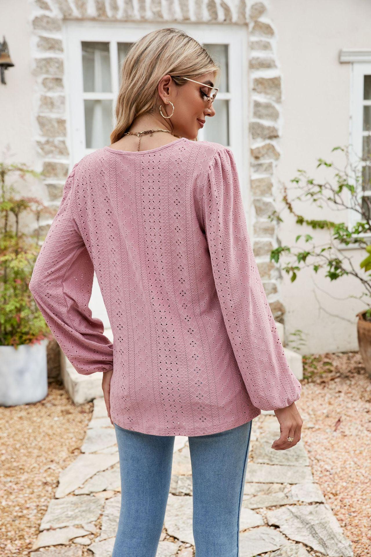 Eyelet Notched Neck Balloon Sleeve Blouse BLUE ZONE PLANET
