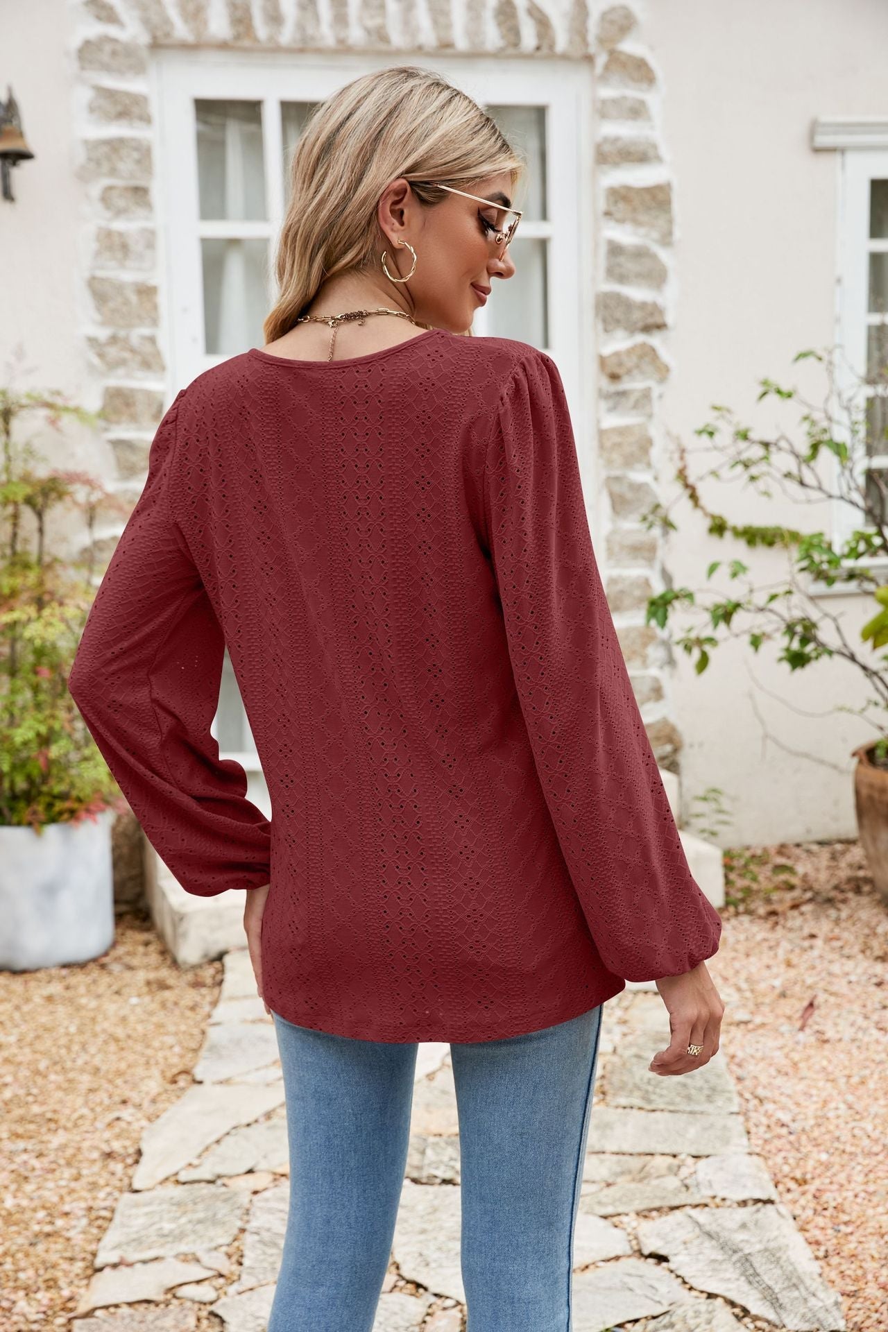 Eyelet Notched Neck Balloon Sleeve Blouse BLUE ZONE PLANET