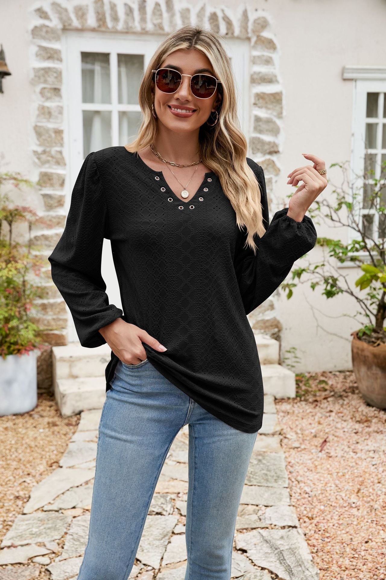 Eyelet Notched Neck Balloon Sleeve Blouse BLUE ZONE PLANET