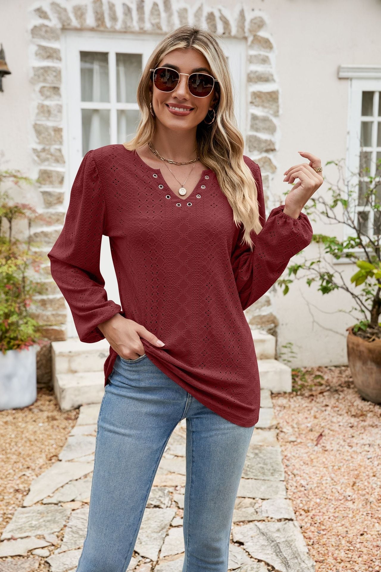 Eyelet Notched Neck Balloon Sleeve Blouse BLUE ZONE PLANET