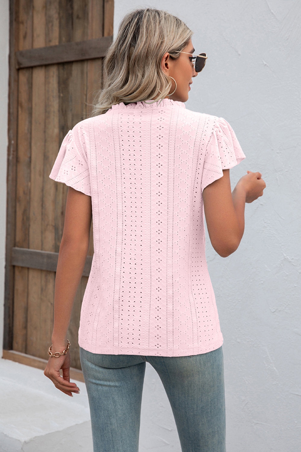 Eyelet Notched Neck Flutter Sleeve Top BLUE ZONE PLANET
