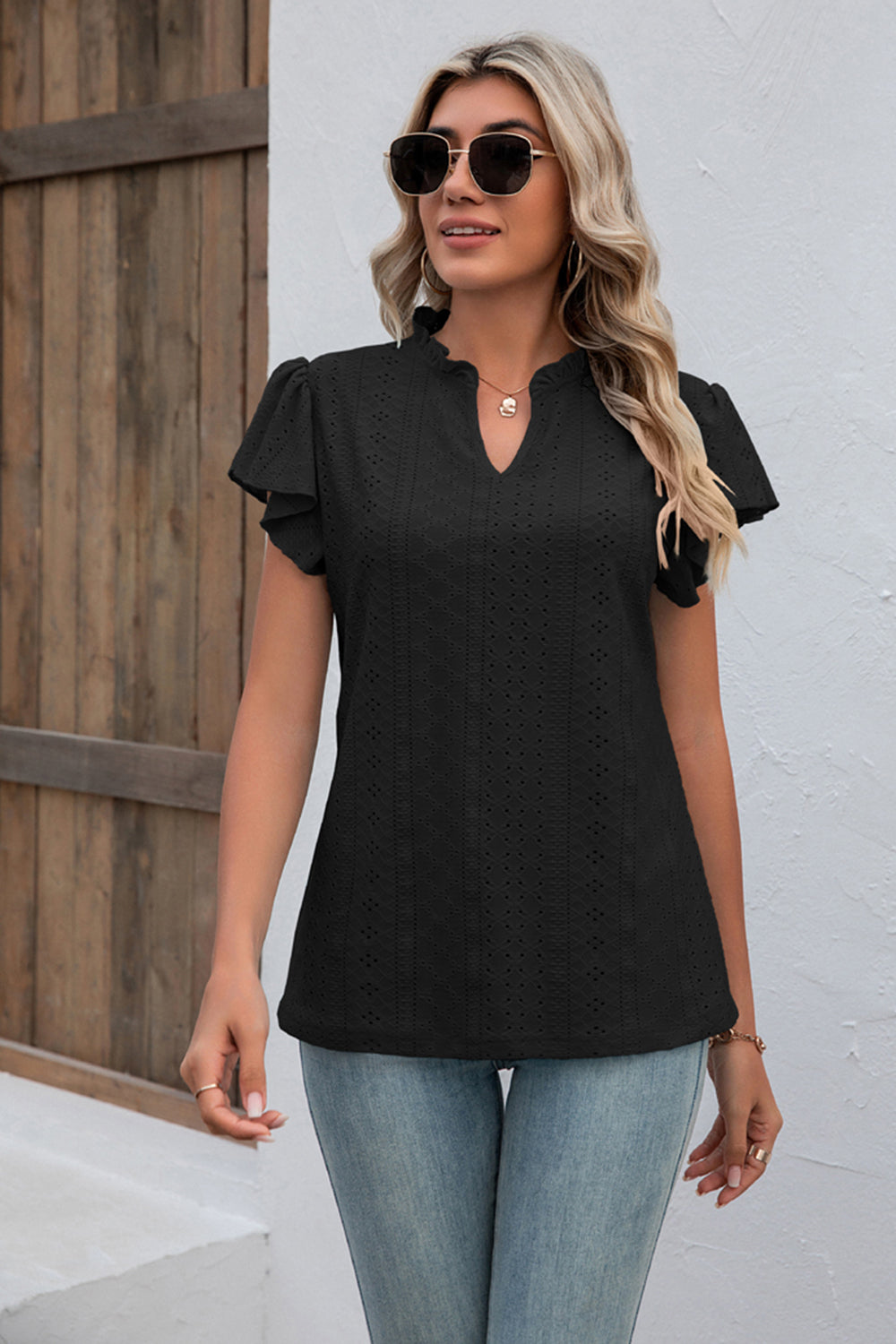 Eyelet Notched Neck Flutter Sleeve Top BLUE ZONE PLANET