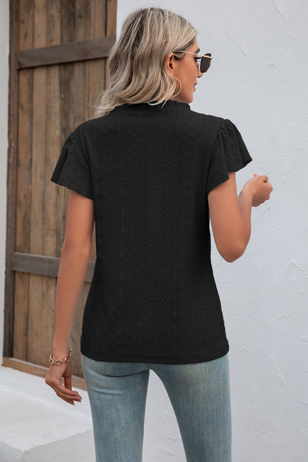 Eyelet Notched Neck Flutter Sleeve Top BLUE ZONE PLANET
