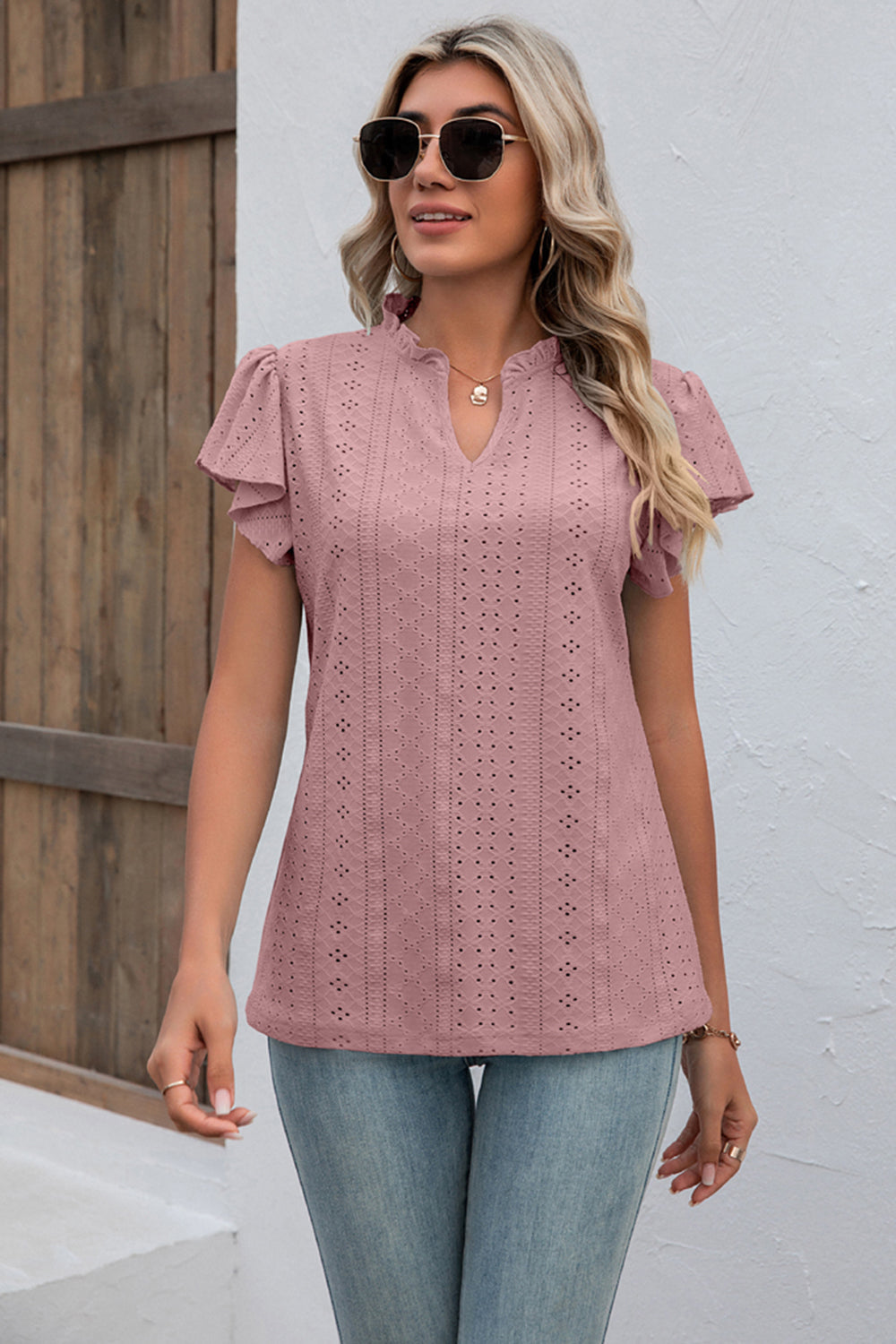 Eyelet Notched Neck Flutter Sleeve Top BLUE ZONE PLANET