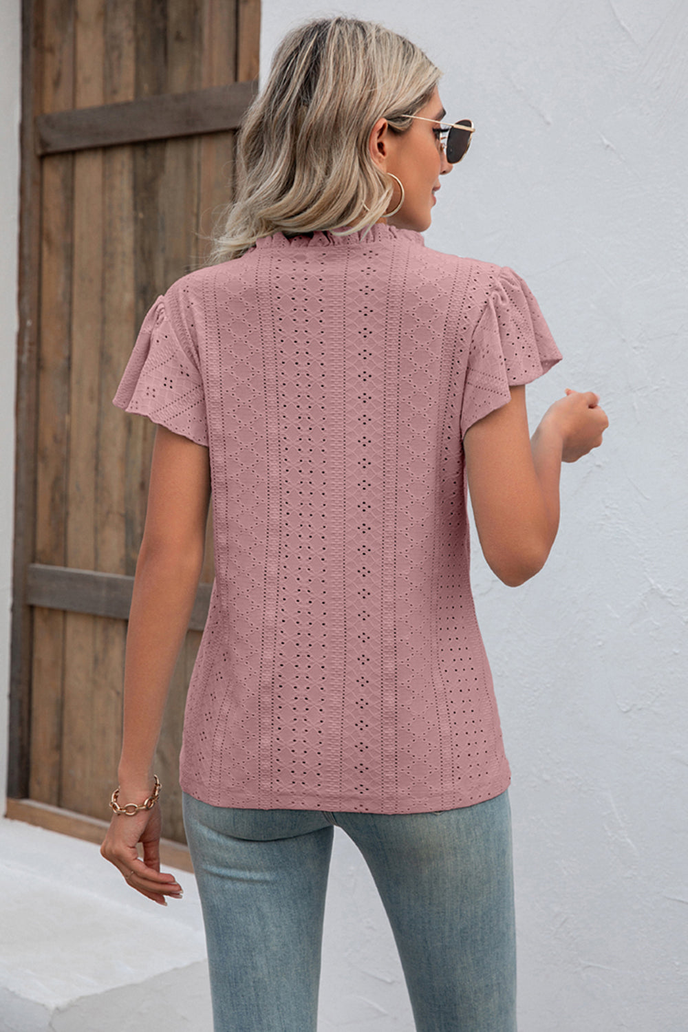 Eyelet Notched Neck Flutter Sleeve Top BLUE ZONE PLANET
