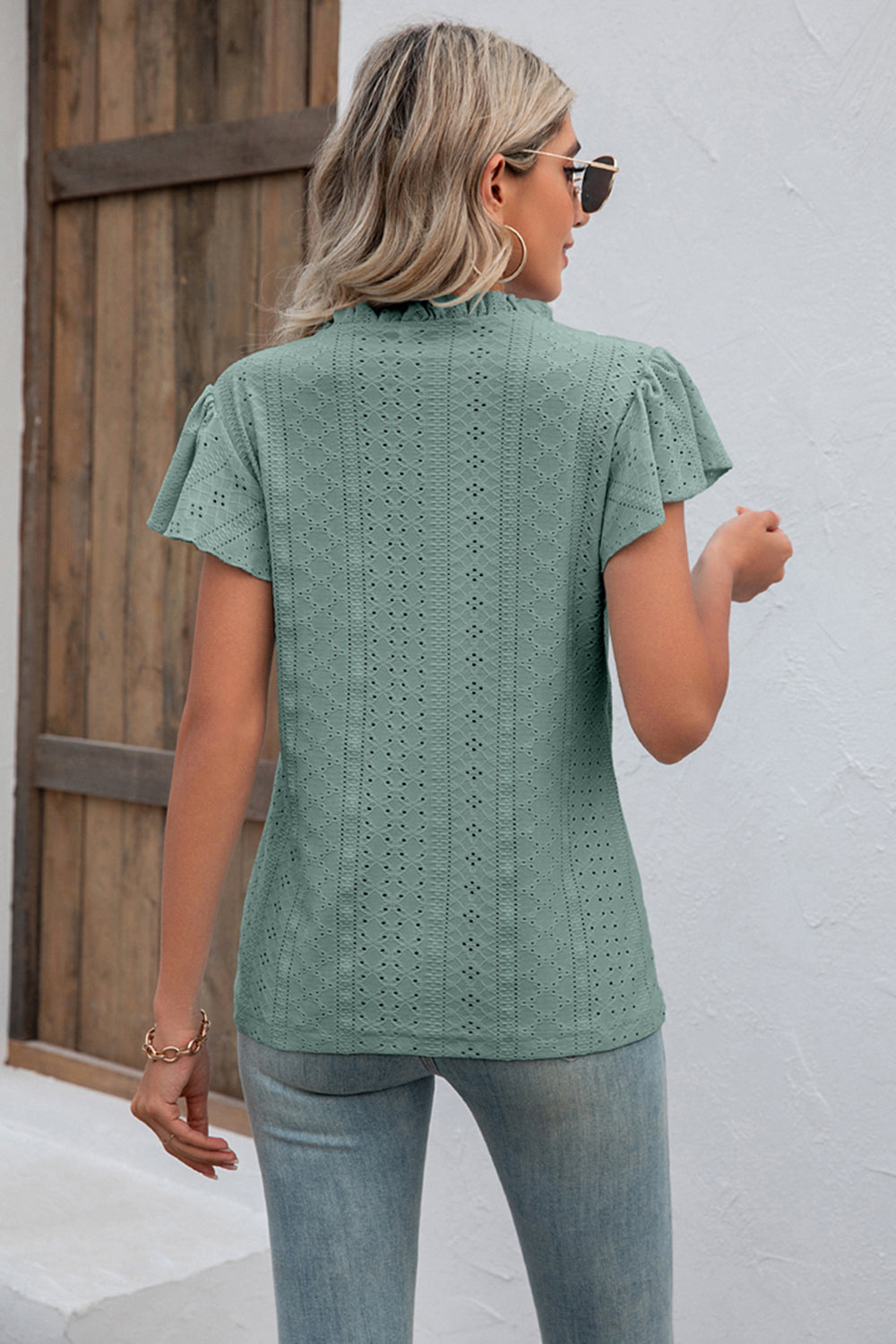 Eyelet Notched Neck Flutter Sleeve Top BLUE ZONE PLANET