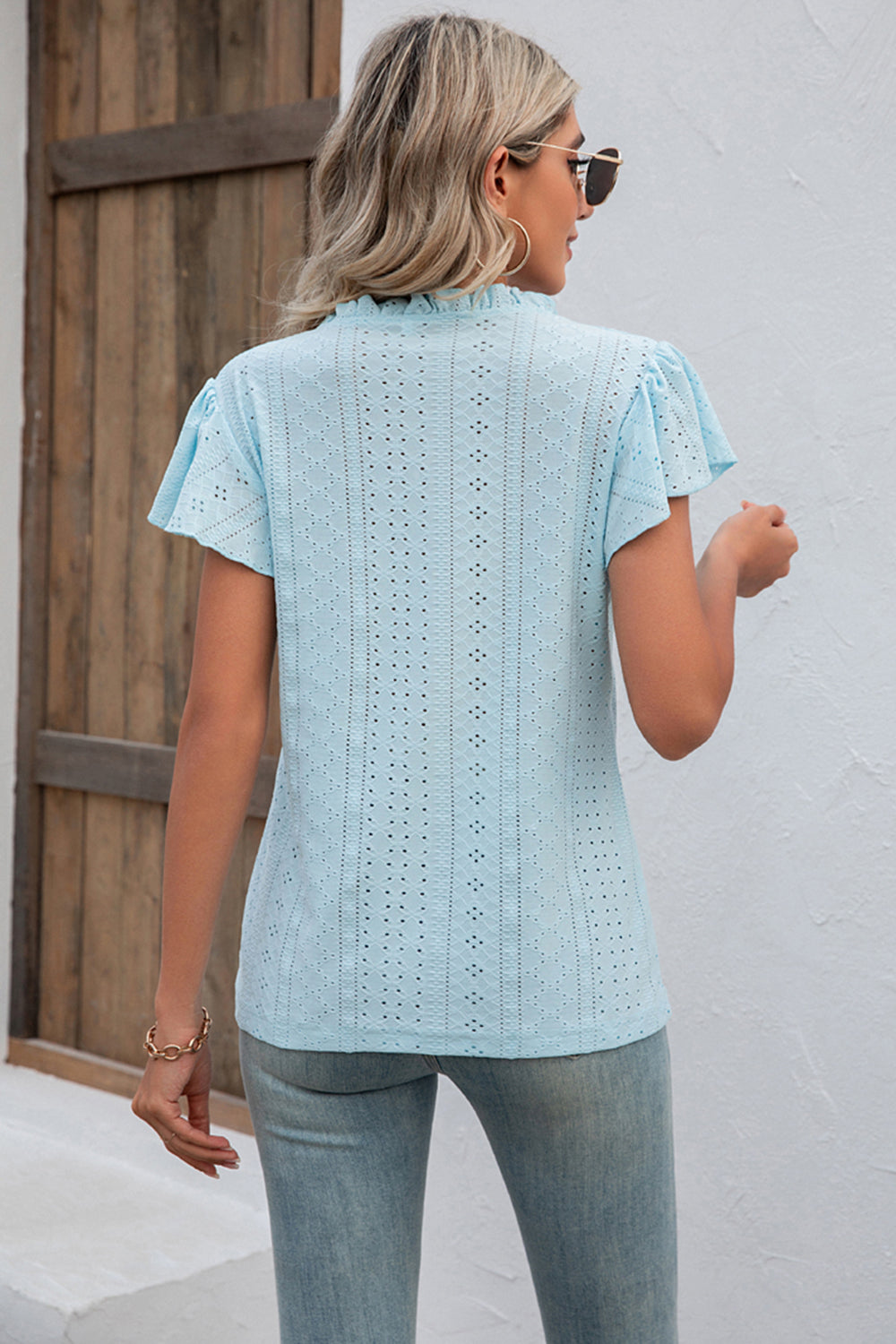 Eyelet Notched Neck Flutter Sleeve Top BLUE ZONE PLANET