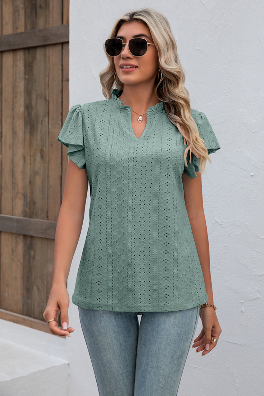 Eyelet Notched Neck Flutter Sleeve Top BLUE ZONE PLANET