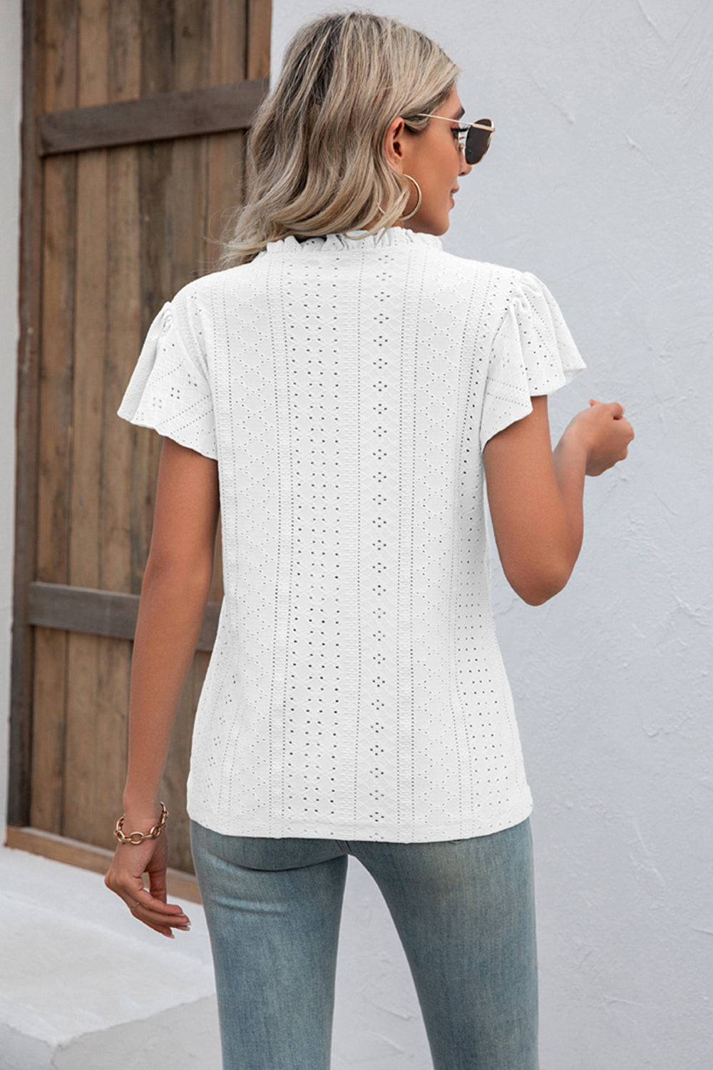 Eyelet Notched Neck Flutter Sleeve Top BLUE ZONE PLANET