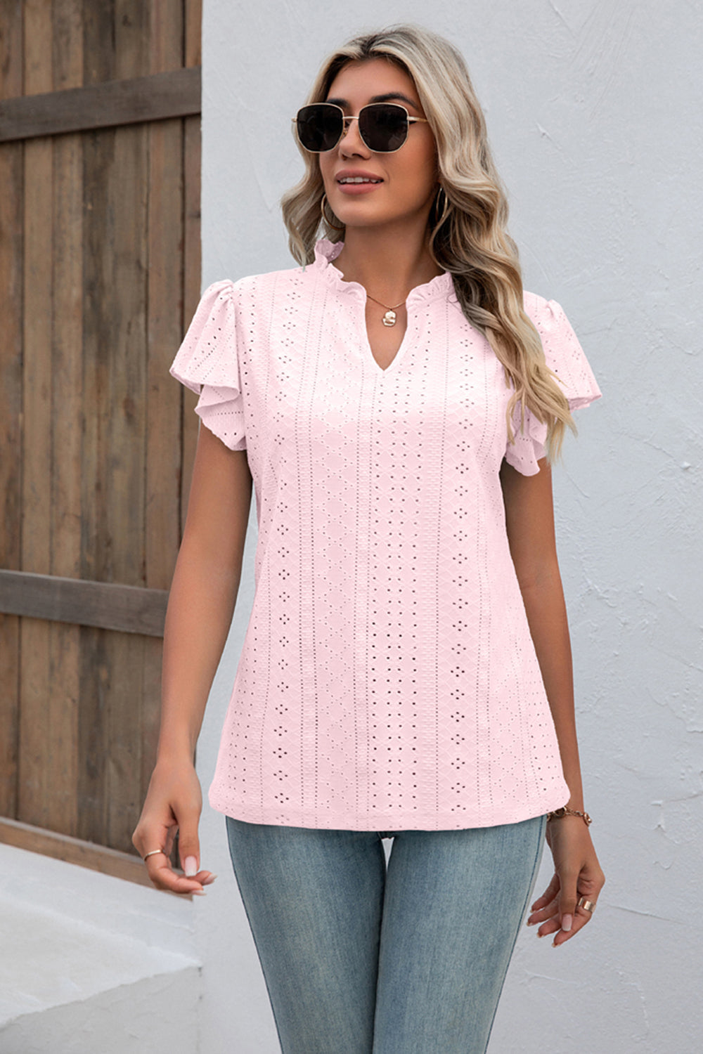 Eyelet Notched Neck Flutter Sleeve Top BLUE ZONE PLANET