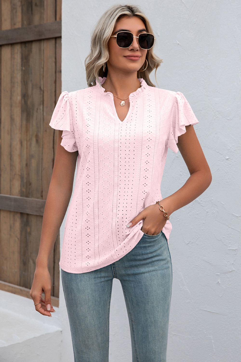 Eyelet Notched Neck Flutter Sleeve Top BLUE ZONE PLANET