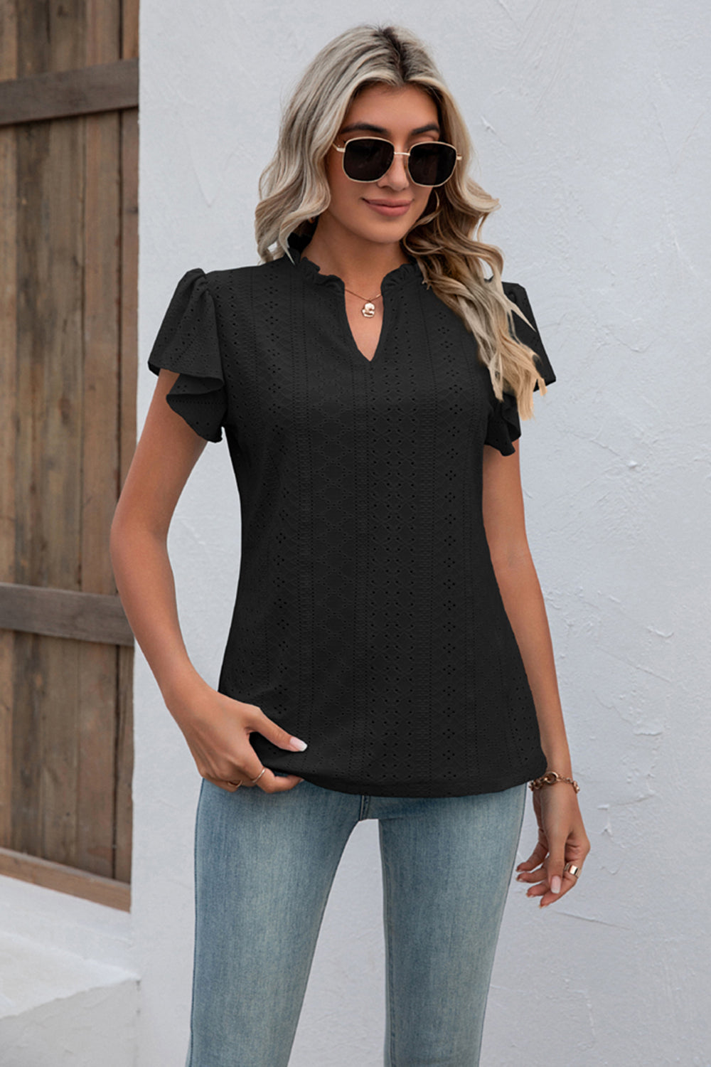 Eyelet Notched Neck Flutter Sleeve Top BLUE ZONE PLANET