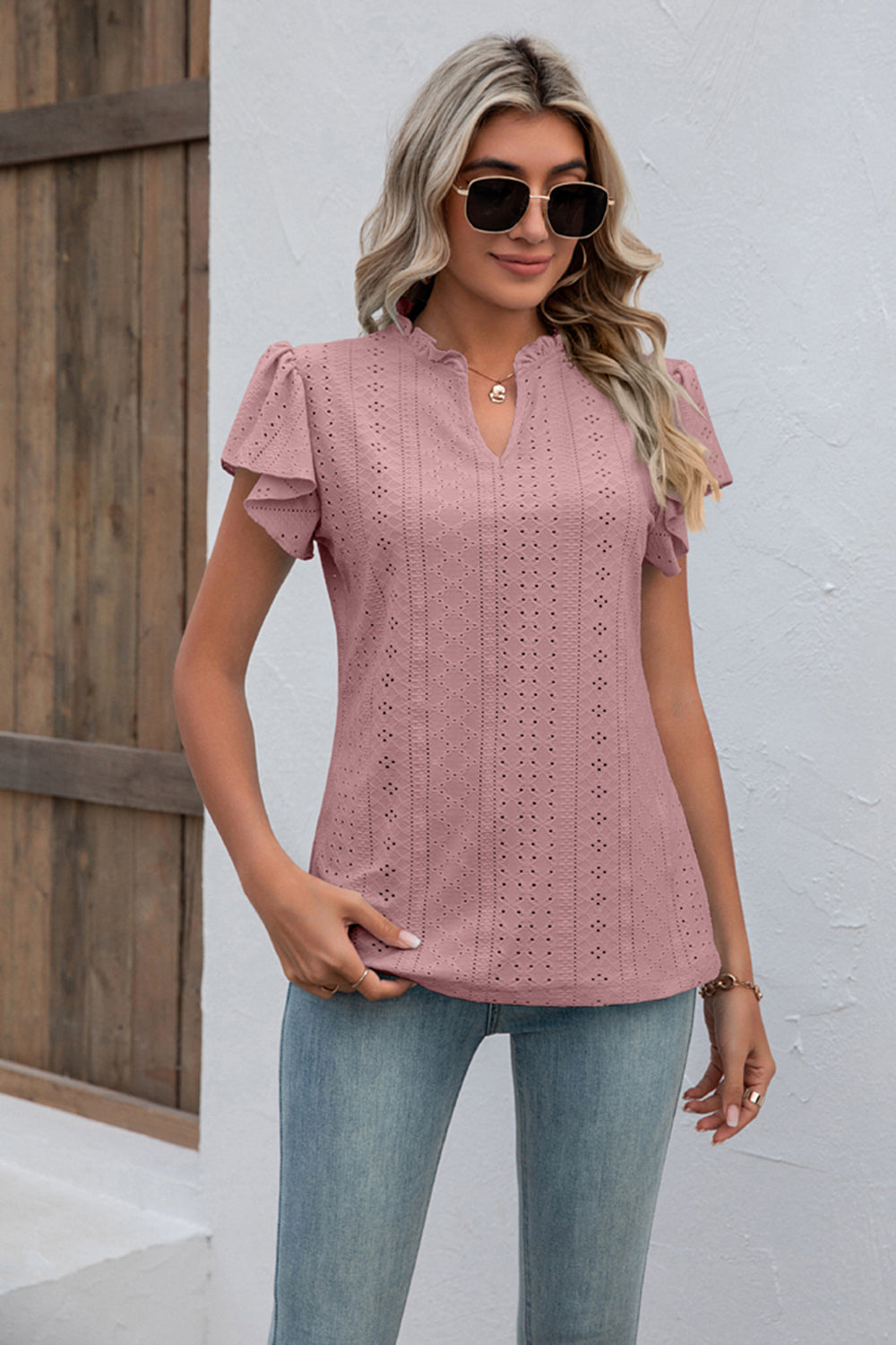 Eyelet Notched Neck Flutter Sleeve Top BLUE ZONE PLANET