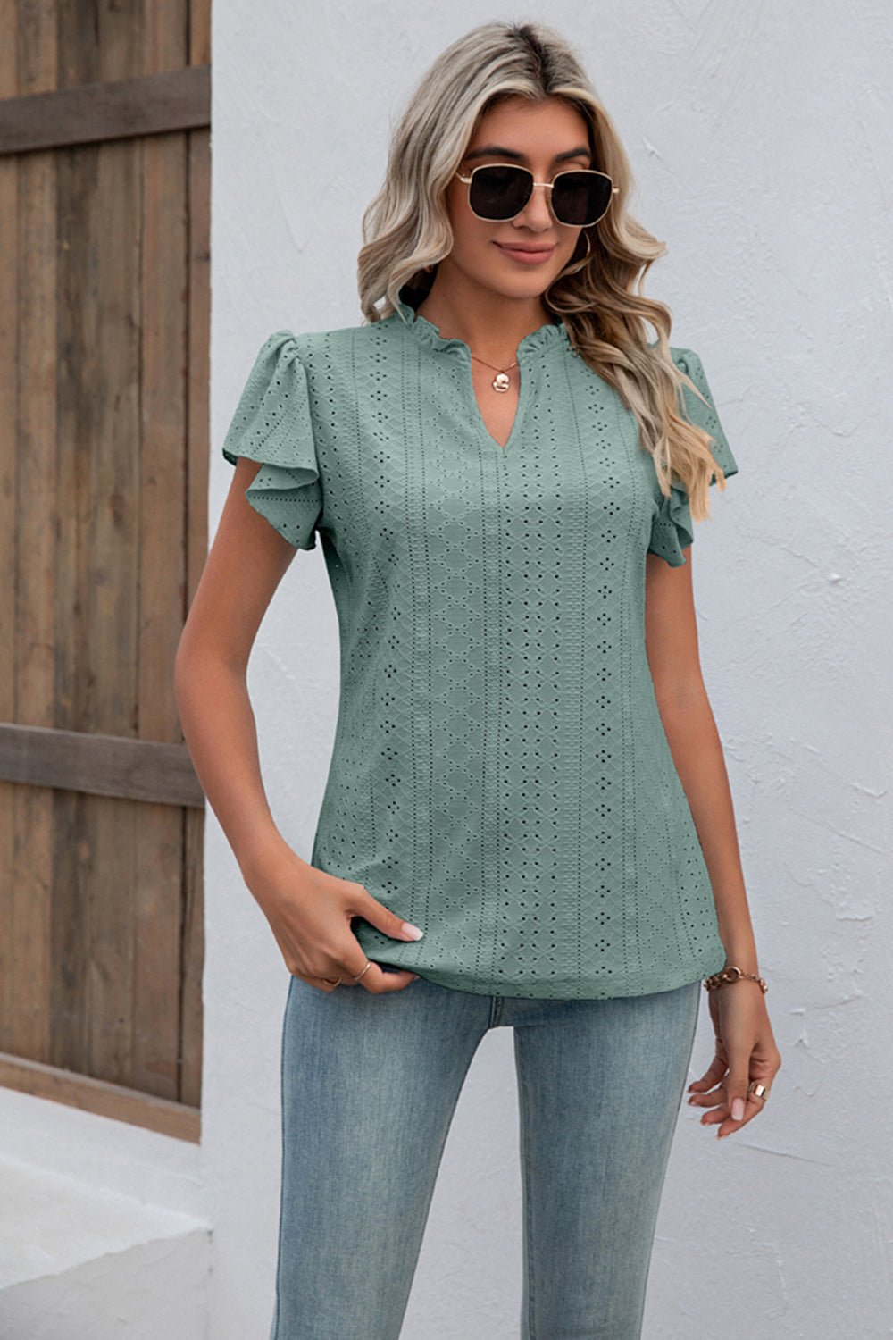 Eyelet Notched Neck Flutter Sleeve Top BLUE ZONE PLANET