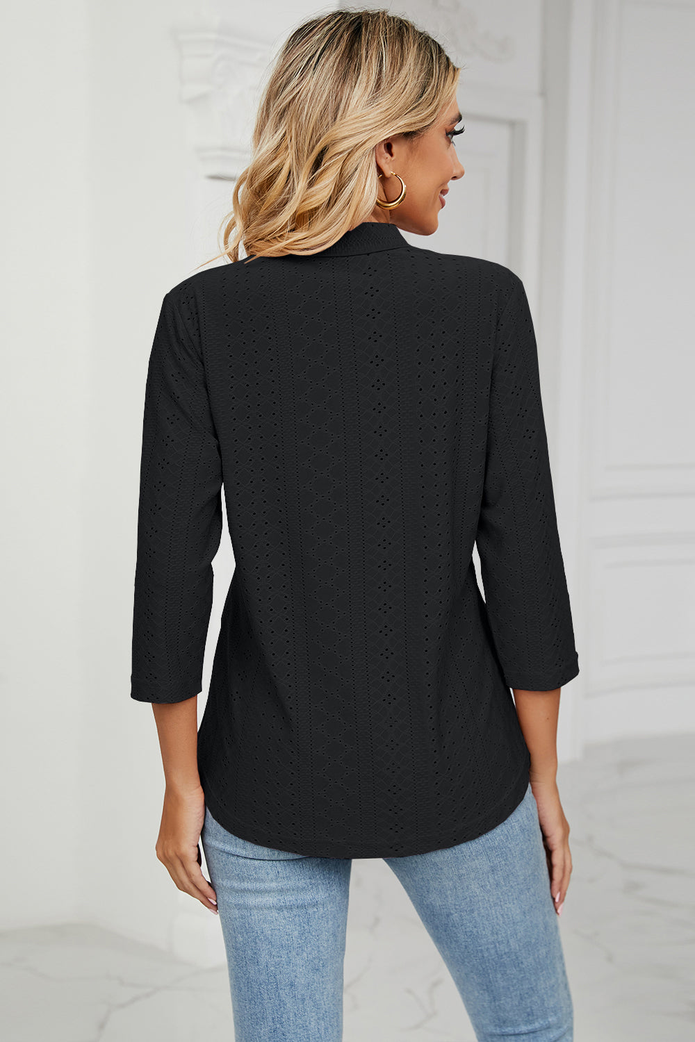 Eyelet Three-Quarter Sleeve Blouse BLUE ZONE PLANET