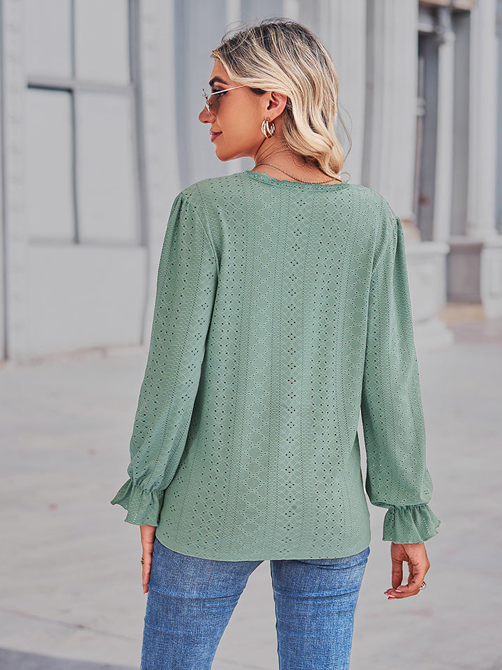 Eyelet V-Neck Flounce Sleeve Blouse BLUE ZONE PLANET