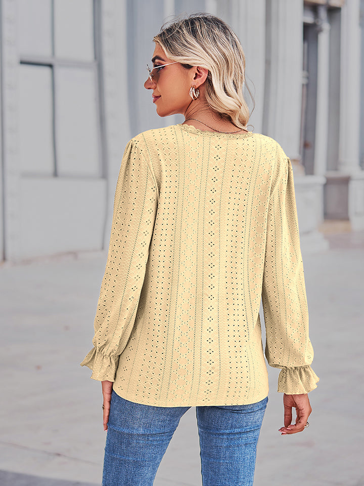 Eyelet V-Neck Flounce Sleeve Blouse BLUE ZONE PLANET