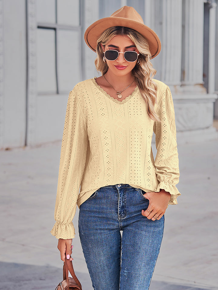 Eyelet V-Neck Flounce Sleeve Blouse BLUE ZONE PLANET